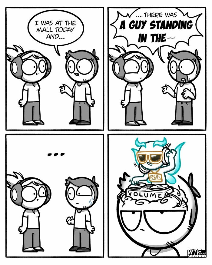 Two characters from WTFramecomics discussing in a comic strip. One character with a music setup inside their head.