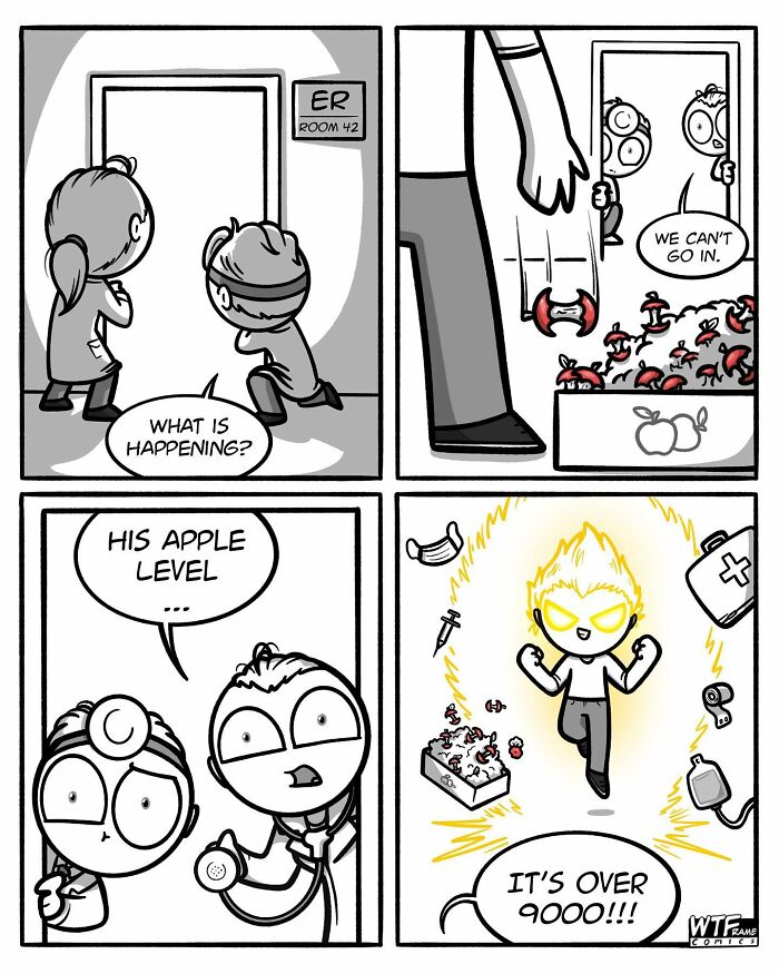 Comic strip by WTFramecomics showing characters reacting to an apple-related emergency with humor and surprise.