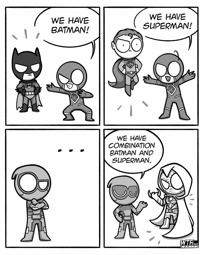 Comic strip by WTFramecomics featuring superhero mashup characters in a humorous scenario.