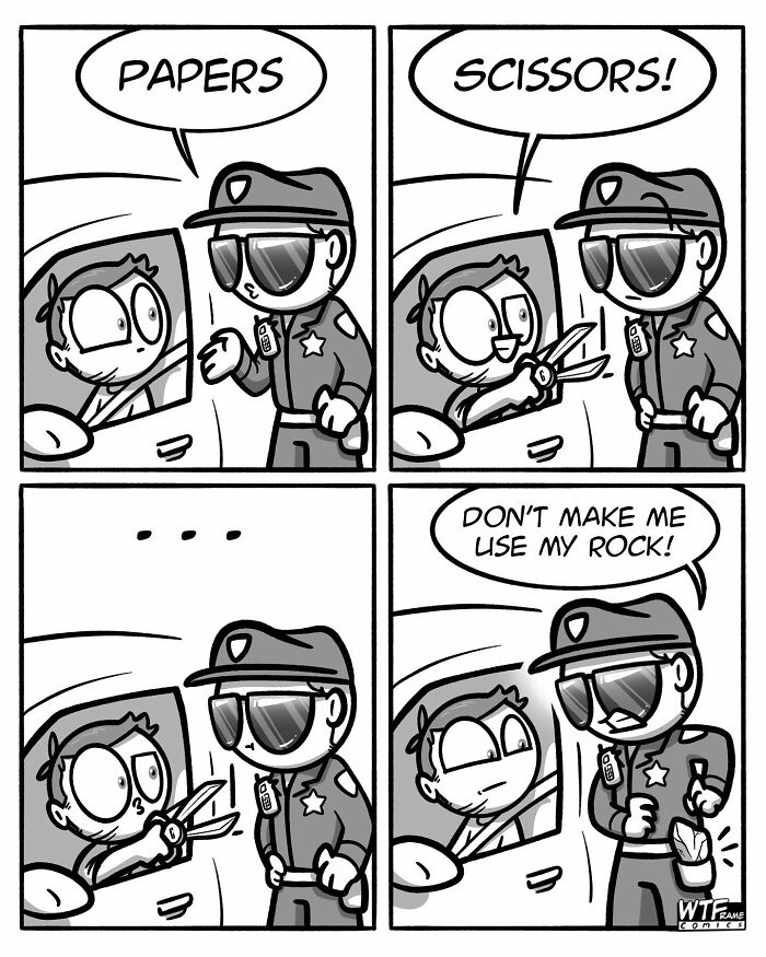 Comic strip by WTFramecomics depicting a driver and a police officer humorously playing rock-paper-scissors.