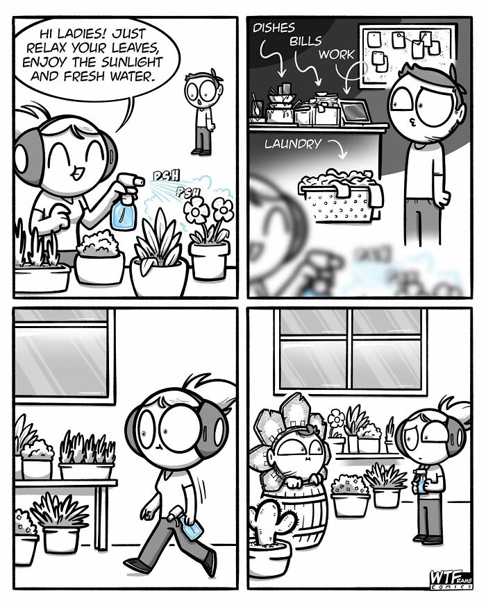 Comic strip by WTFramecomics showing a character watering plants, avoiding chores like dishes, bills, and laundry.