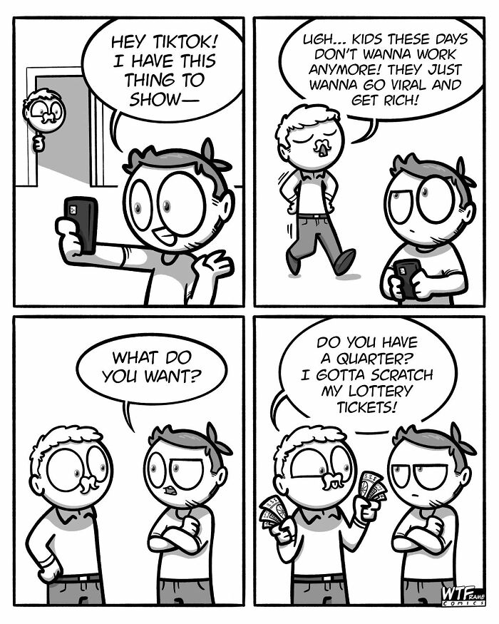 Comic strip by "WTFramecomics" humorously depicting generational perspectives on work and going viral.