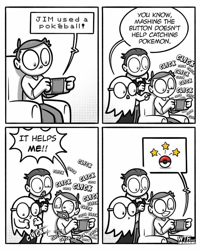 Comic strip by WTFramecomics showing friends gaming, discussing catching Pokémon, with frantic button clicking.