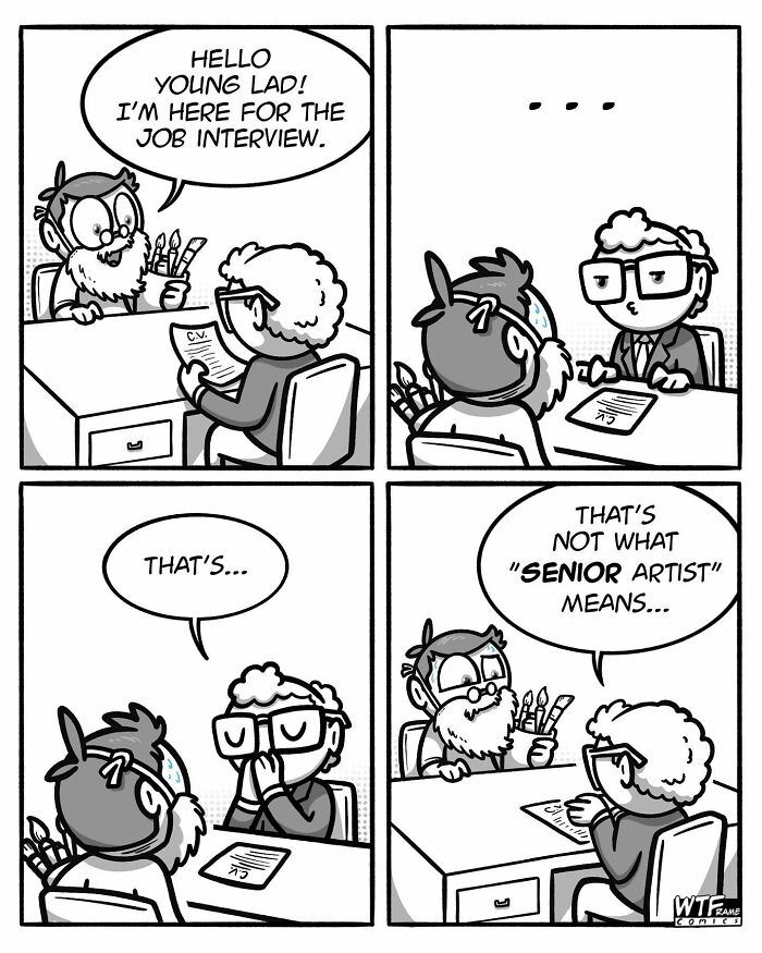Comic strip depicting a humorous job interview misunderstanding about the term "senior artist" by WTFramecomics.