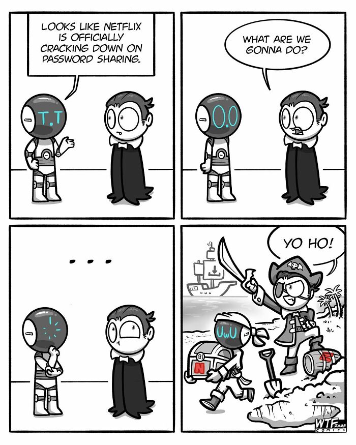 Two characters discuss Netflix password sharing, then transform into pirates on a beach. Comic by WTFramecomics.