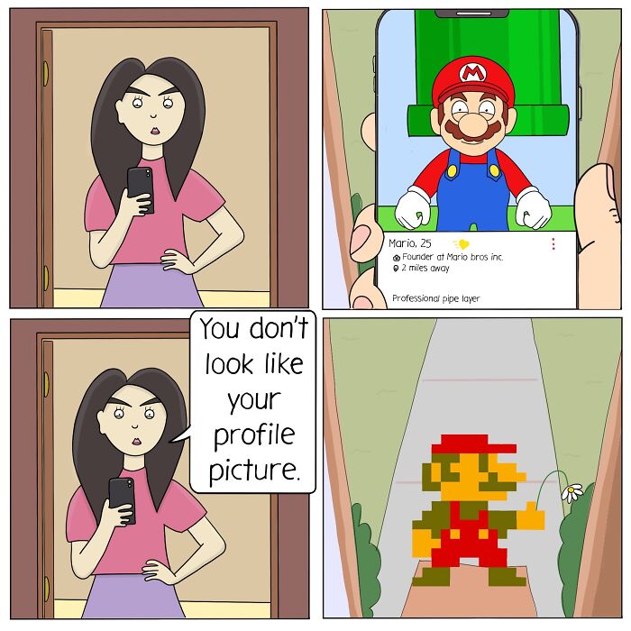 Woman confronting a digitally ironic profile picture of Mario from a comic highlighting absurdities in life.