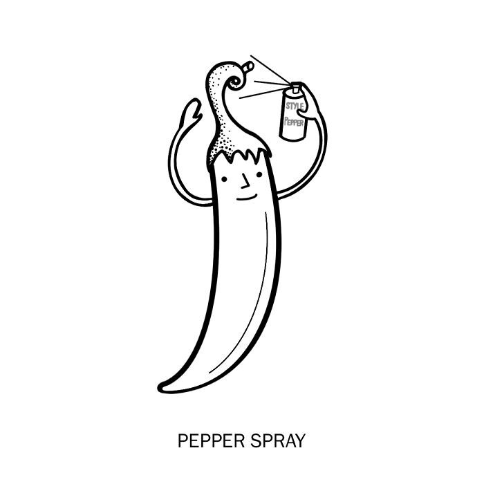 Illustration of a pepper spraying style spray, depicting a literal meaning of word combinations.