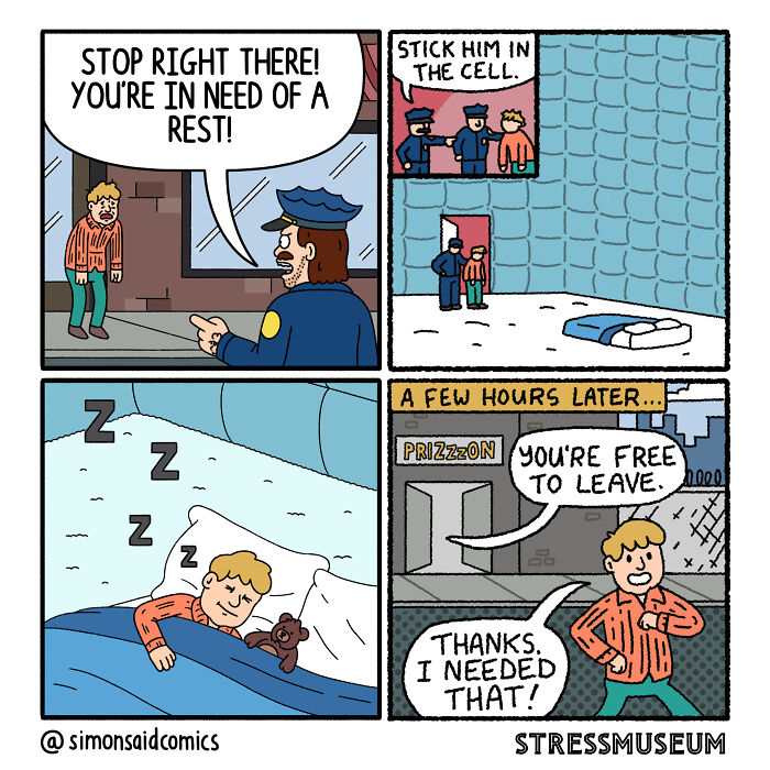 Comic strip showing a man told by police to rest in a cell, happily sleeping, then released – funny dark comics.