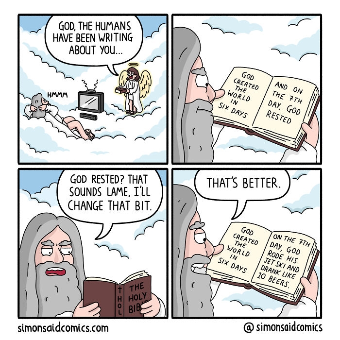 God revises creation story in a funny and dark comic strip exploring humor and religious themes.