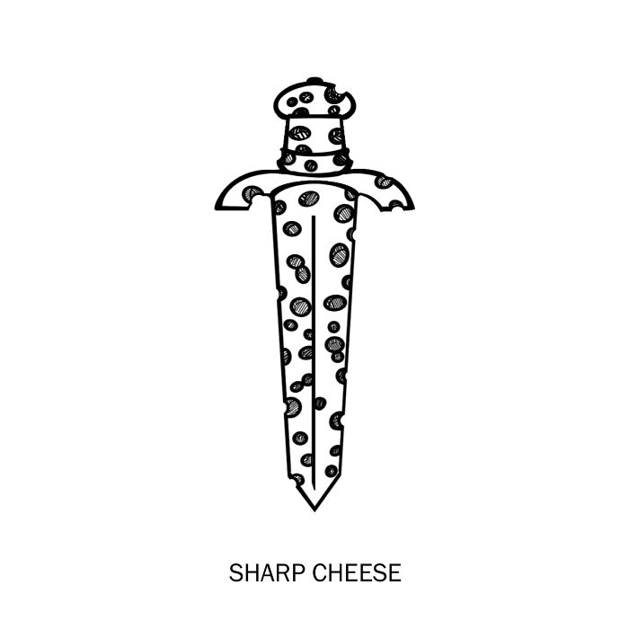 Illustration of "sharp cheese" as a cheese-patterned sword, representing literal word meanings.