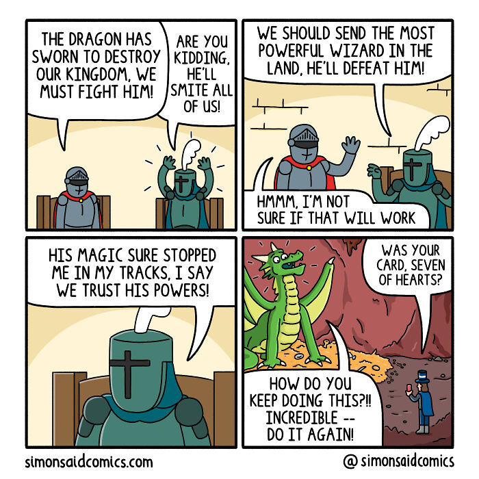Funny and dark comic strip featuring knights, a dragon, and humorous dialogue about magic and trust in battle.