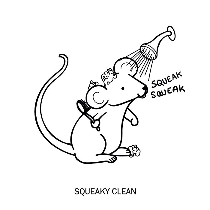 Illustration of a mouse taking a shower titled "Squeaky Clean," depicting the literal meaning of words.