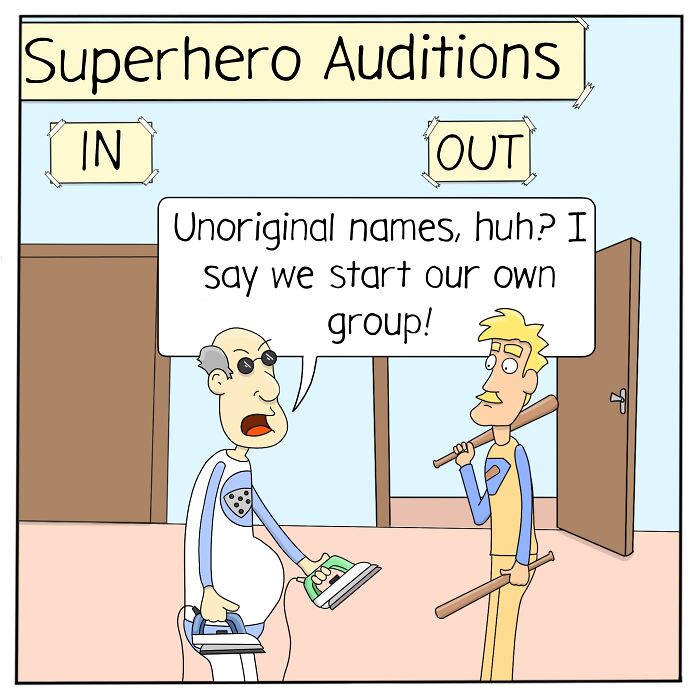 Cartoon showing superhero auditions with two men discussing unoriginal names, highlighting bizarrely ironic life absurdities in comics.