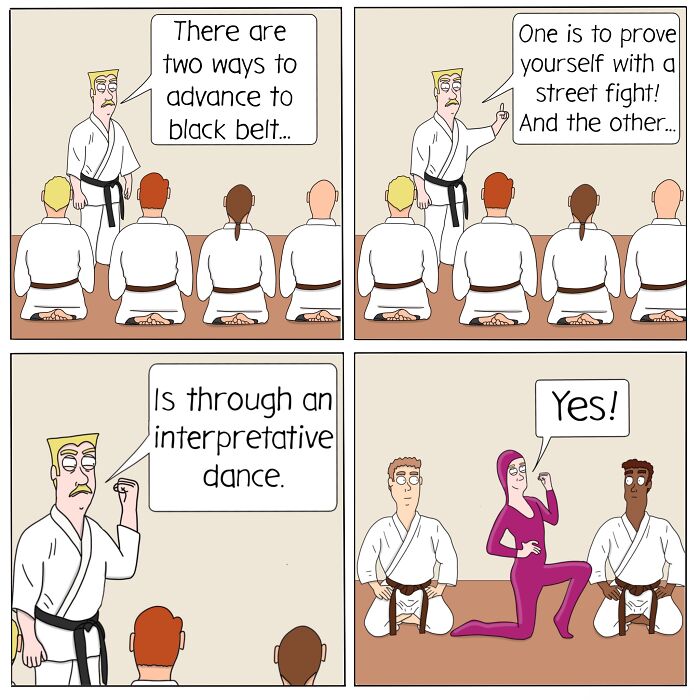 Comic strip showing bizarrely ironic life situations with martial arts students debating unusual ways to earn a black belt.