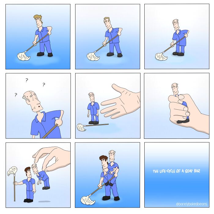 Man mopping floor shrinking and being picked up, illustrating absurd life irony in a comic strip about bizarre situations.