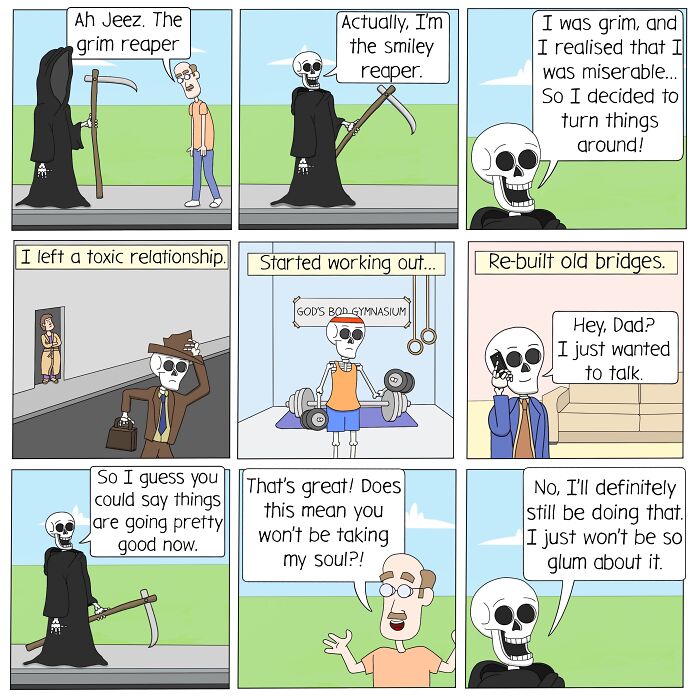 Comic strip depicting absurdities of life with a smiley reaper changing life choices, illustrating bizarrely ironic themes.