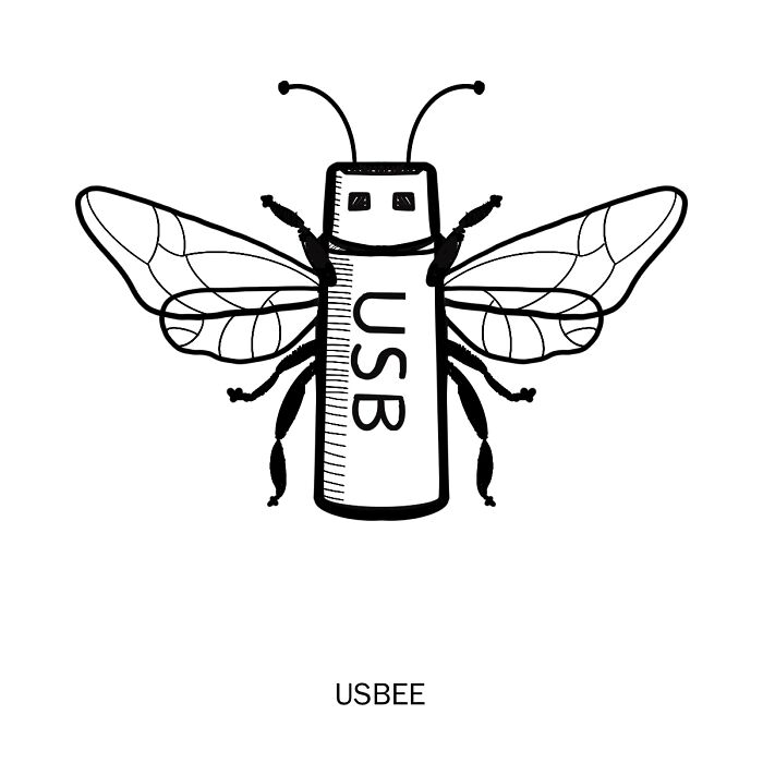 Illustration of a USB stick with bee-like wings, merging literal meanings of words creatively.