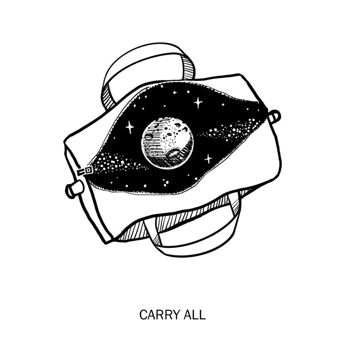 Bag illustration with a cosmic scene peeking through, representing the literal meaning of the words "carry all."