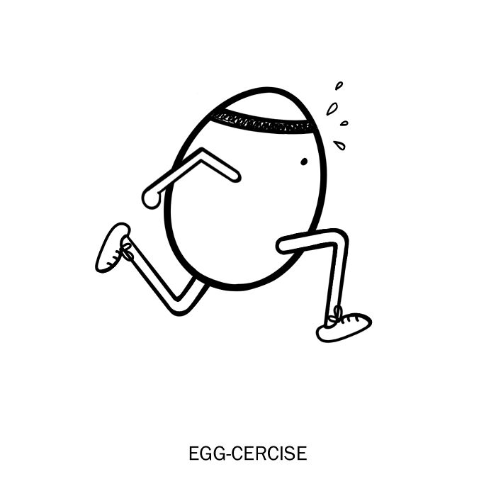 Illustration of an egg exercising with a sweatband and sneakers, titled "Egg-cercise" for literal word meanings.