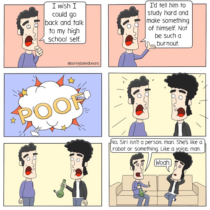 Comic panels depicting ironic life absurdities with characters humorously discussing past self and Siri as a voice assistant.