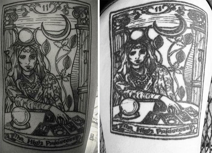 Aged tattoos showing ink change over years on tarot card design with the High Priestess.
