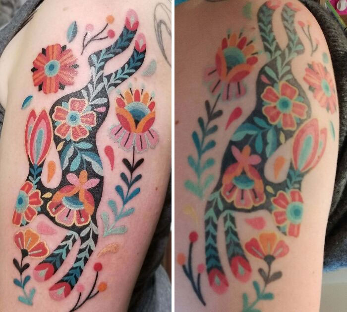 Aged tattoos of floral design showing color fading over the years on arm skin.