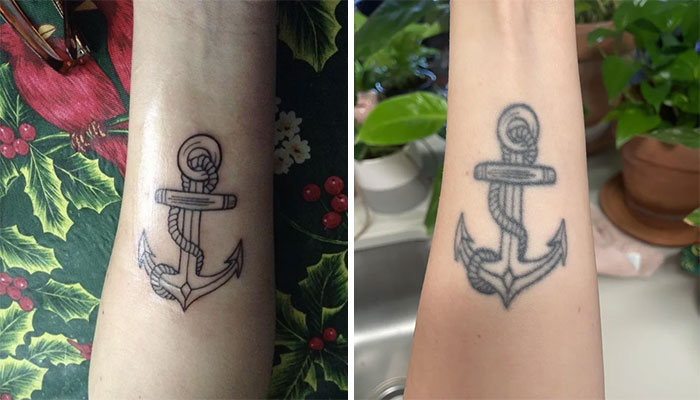 Aged tattoos comparison: anchor tattoo on an arm, showing fading and changes over the years.