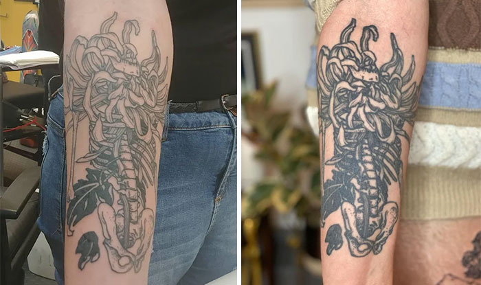 Aged tattoo showing ink changes over time, with a detailed floral design on the forearm in two stages.