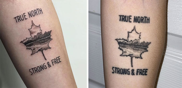 Aged tattoos showing ink changes over time with the text "True North Strong & Free" alongside a maple leaf design.