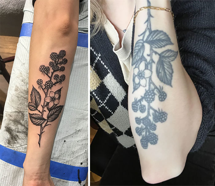 Aged tattoos of floral designs on arms showing ink changes over the years.