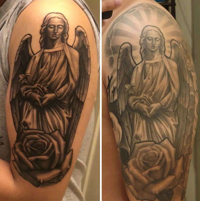 Aged tattoos showing changes over the years with an angel and rose design on an arm.