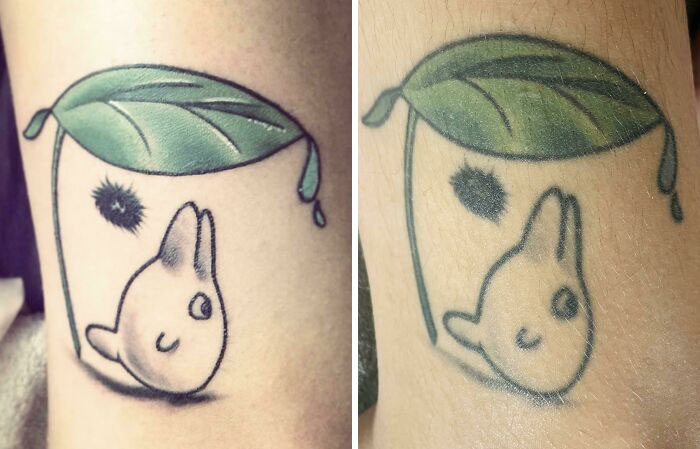 Aged tattoos depicting a cartoon figure under a leaf, illustrating how ink fades and lines blur over the years.