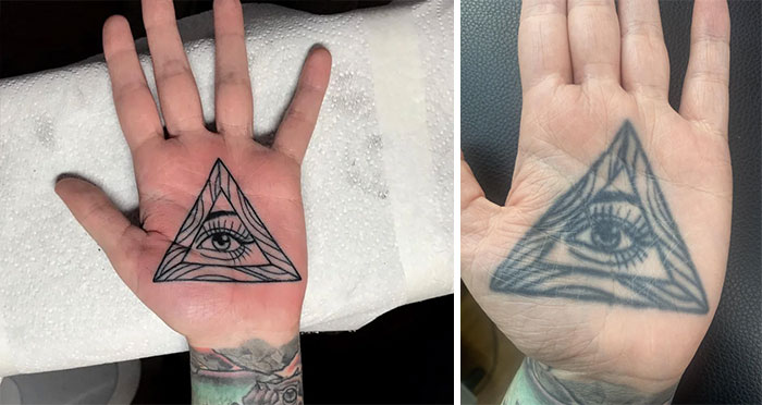 Aged tattoos showing ink changes: a triangle with an eye on a palm, new on the left, faded on the right.
