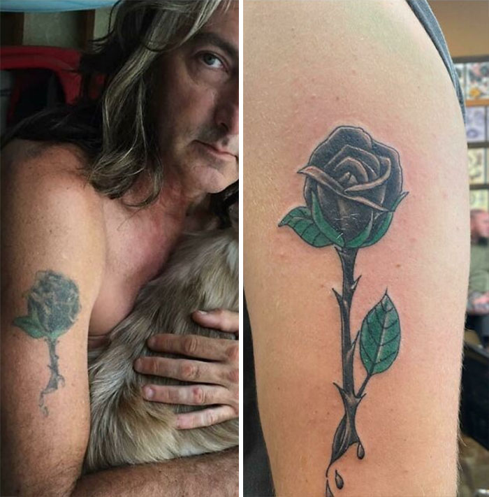 Aged tattoos comparison: faded green rose on older arm next to vibrant black and green rose tattoo on younger arm.