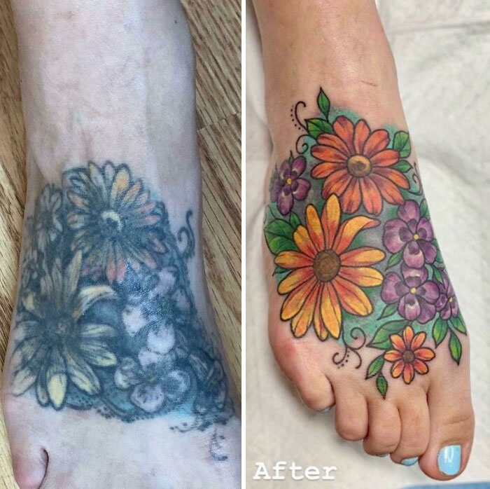 Aged tattoos on foot; left side faded, right side vibrant floral ink after touch-up.
