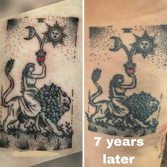 Aged tattoos showing ink changes over 7 years; woman on lion with a sun and moon design.