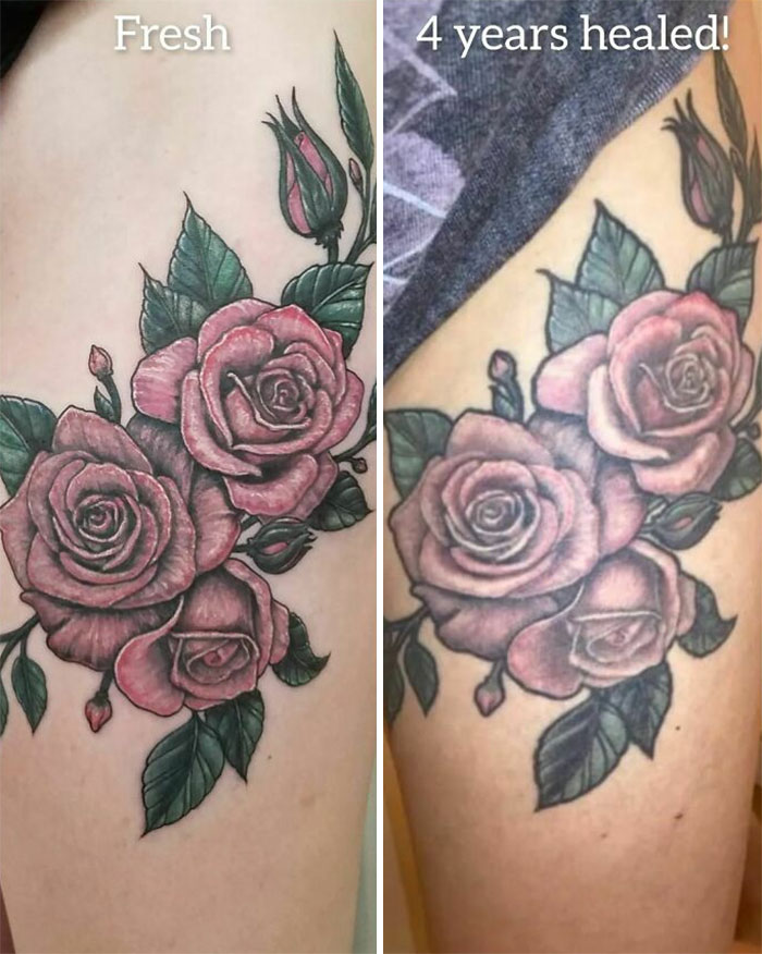 Aged tattoos comparison of a rose design, showing fresh ink and its appearance after 4 years.