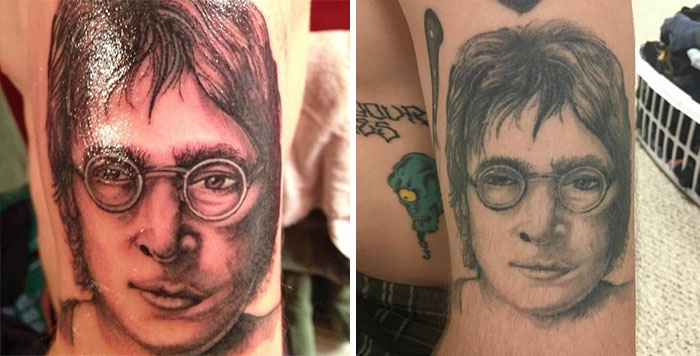 Aged tattoo of a man with glasses showing ink changes over the years.