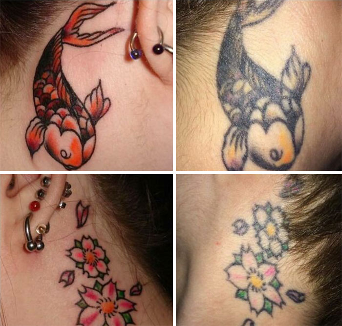 Aged tattoos of fish and flowers behind ears showing ink fading over time.