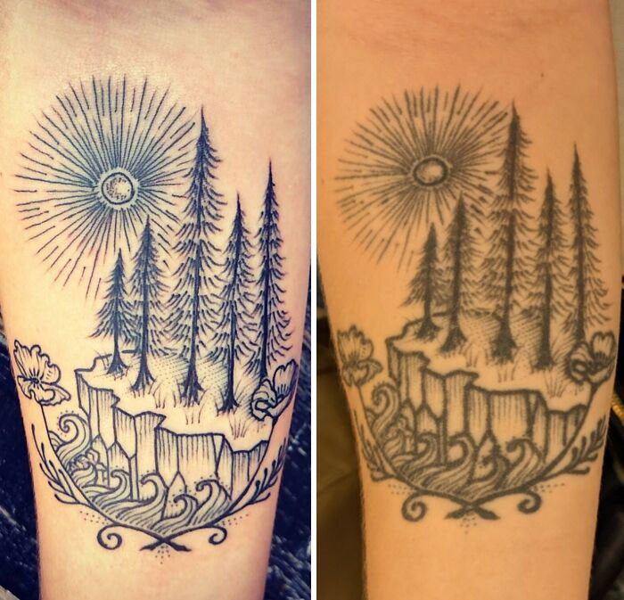 Aged tattoos showing fading lines and details over time with nature-themed design, including trees and a sun.