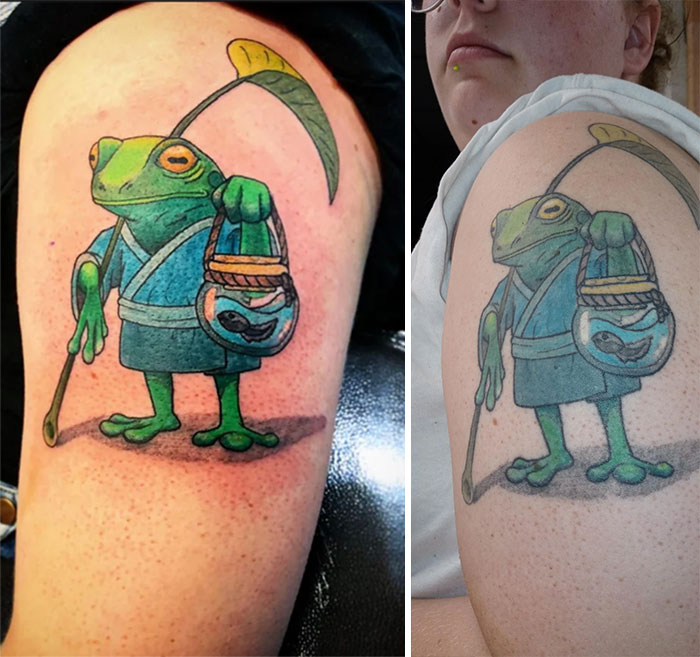 Aged tattoos comparison showing a frog design, illustrating ink fading and changes over the years on a person's arm.