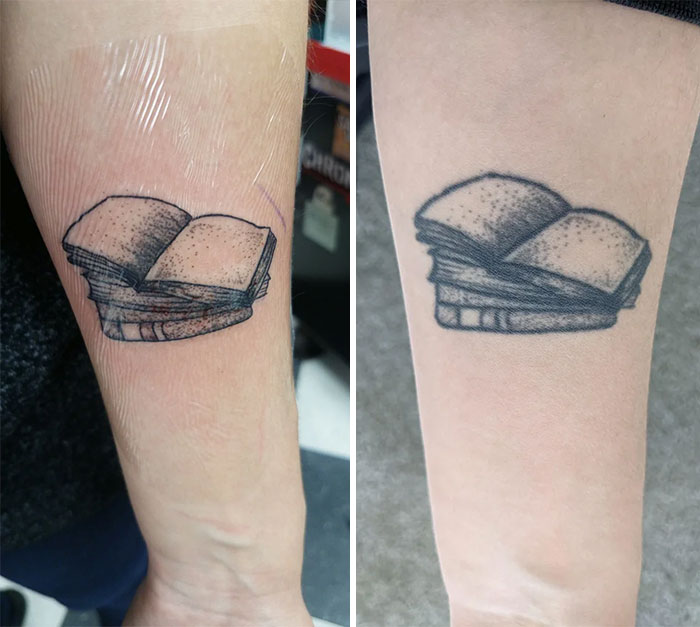 Aged tattoos showing ink evolution: side-by-side comparison of a book tattoo on forearm over time.