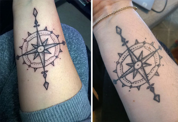 Aged tattoos: side-by-side comparison of a vibrant compass tattoo and its faded counterpart on forearms.
