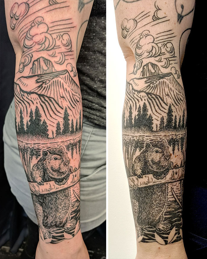 Aged tattoos showing changes over time, featuring a detailed nature scene with mountains, trees, and a beaver.