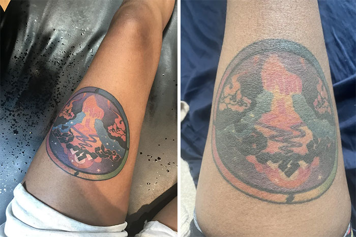 Aged tattoo on leg showing ink fading and colors changing over time.