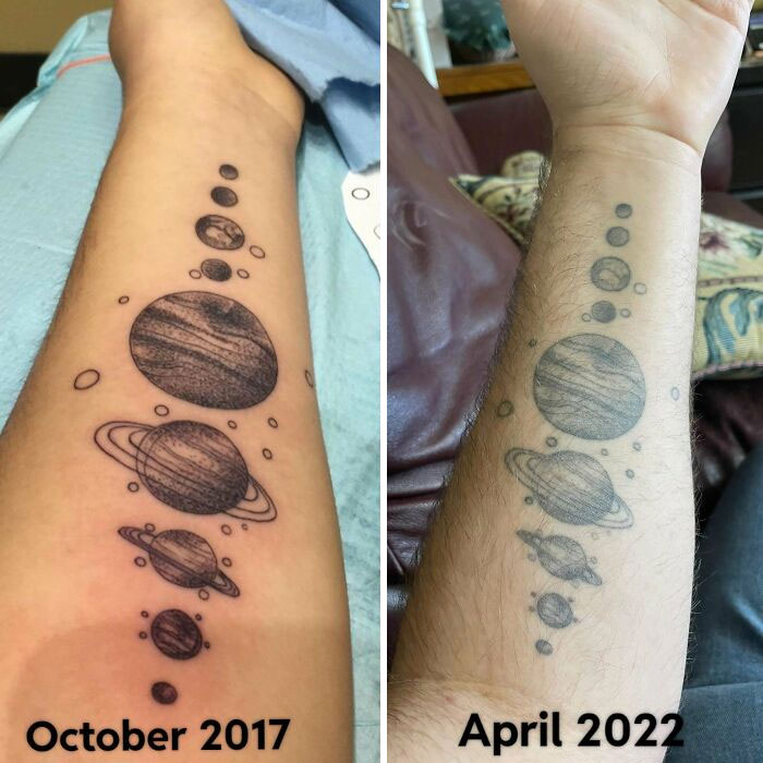 Aged tattoos of planets on an arm, showing changes from October 2017 to April 2022.