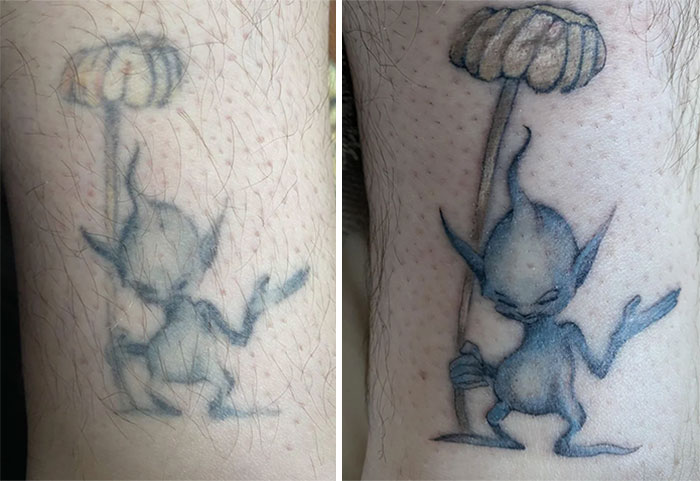Aged tattoo comparison showing ink fading over time on skin.