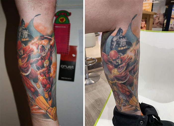 Two images showing aged tattoos of a superhero on a calf, illustrating changes in tattoo ink over the years.