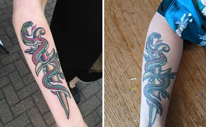 Aged tattoos of a serpent and dagger design on forearms, showing color fading and ink changes over the years.