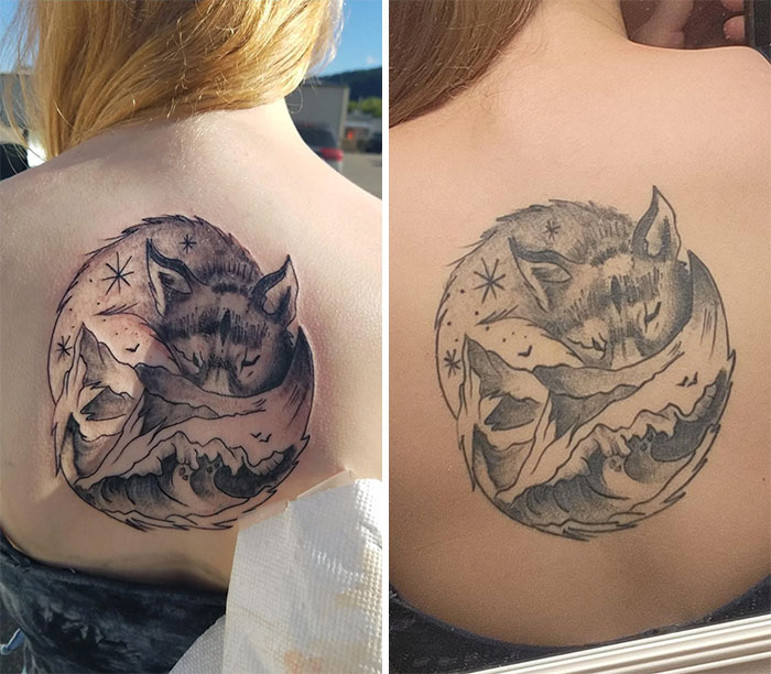 Aged tattoos showing ink changes; left image is fresh, right image shows fading over time on a woman's back.